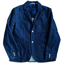 Load image into Gallery viewer, L Bape Champion Embroidered Dark Wash denim blazer.