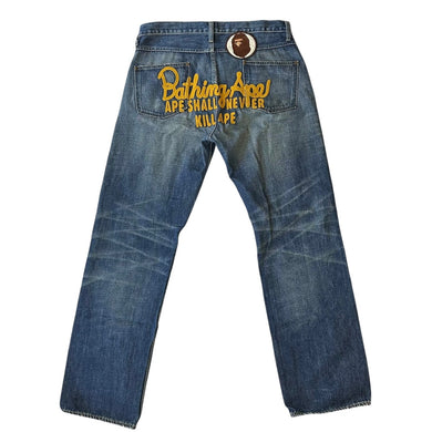 L Bape Jeans Champion Logo Big Ape Patch Denim LIGHT WASH GOLD