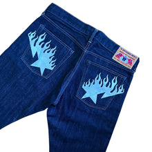 Load image into Gallery viewer, 32" x 32" M Bape Flame Sta Printed Dark Wash Jeans