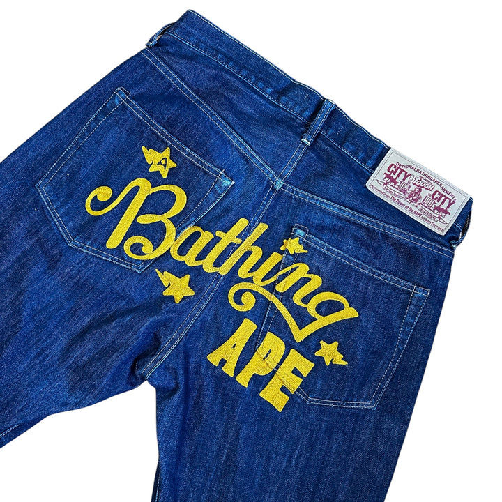 32" x 32" M Bape Script Embroidered Dark Wash Jeans