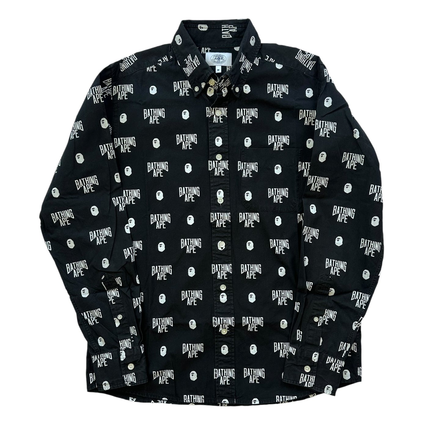 M Bape Tee L/S Button Up AOP NYC Logo BLACK WHITE