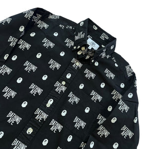 M Bape Tee L/S Button Up AOP NYC Logo BLACK WHITE