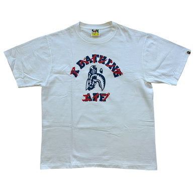 L Bape Tee College Logo Shark Face WHITE BLUE RED