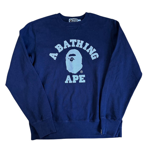 L Bape Navy College Logo Crewneck Sweater