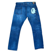 Load image into Gallery viewer, 36" x 34" XL Bape Splatter Ape Head Boot Cut Denim Jeans